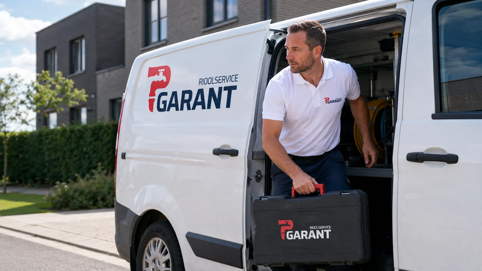 Bestelwagen van Rioolservice Garant met technieker en materiaalkoffer voor een Vlaamse woning